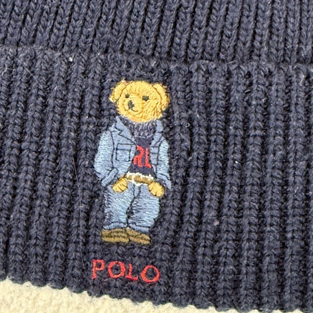 Polo Ralph Lauren Kids Polo Bear Beanie Navy Blue Ribbed Knit Embroidered Winter